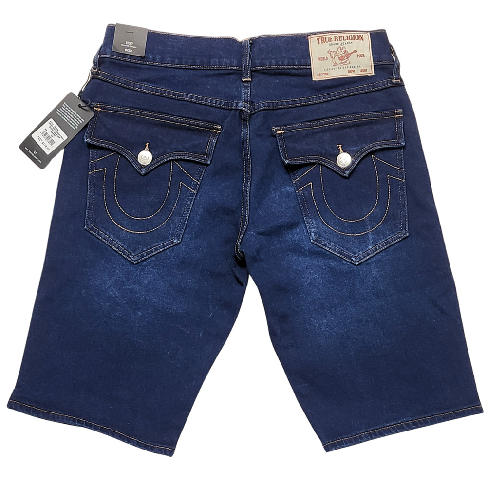 New True Religion Ricky SN Flap Shorts 32" Men Dark Midnight Wash Denim Relaxed